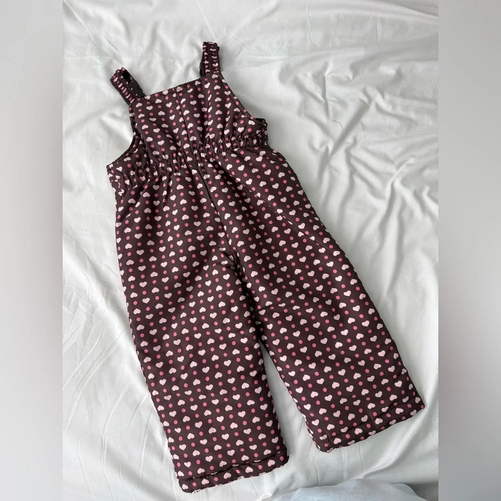 London Fog Brown Snowsuit Overalls with Pink Heart Print